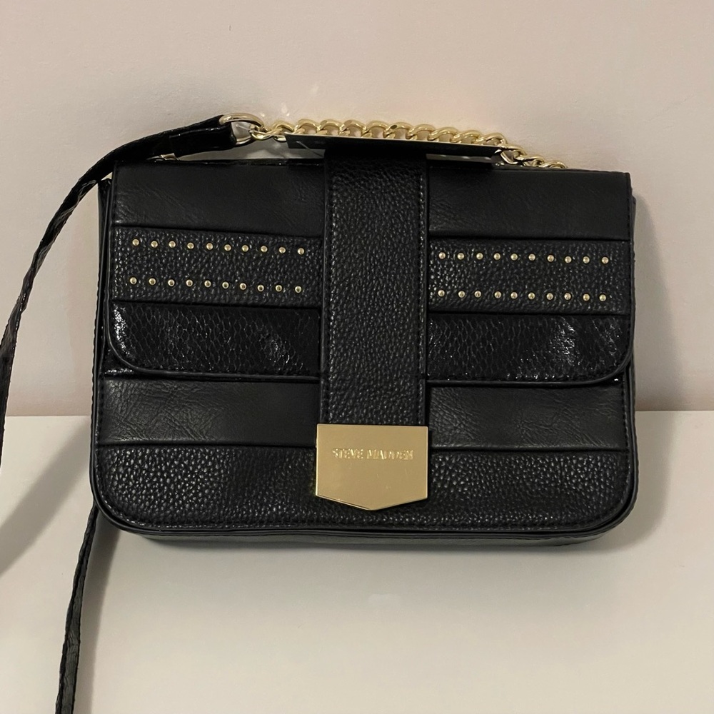 Steve Madden Black Faux Leather Shoulder Bag with Gold Accents